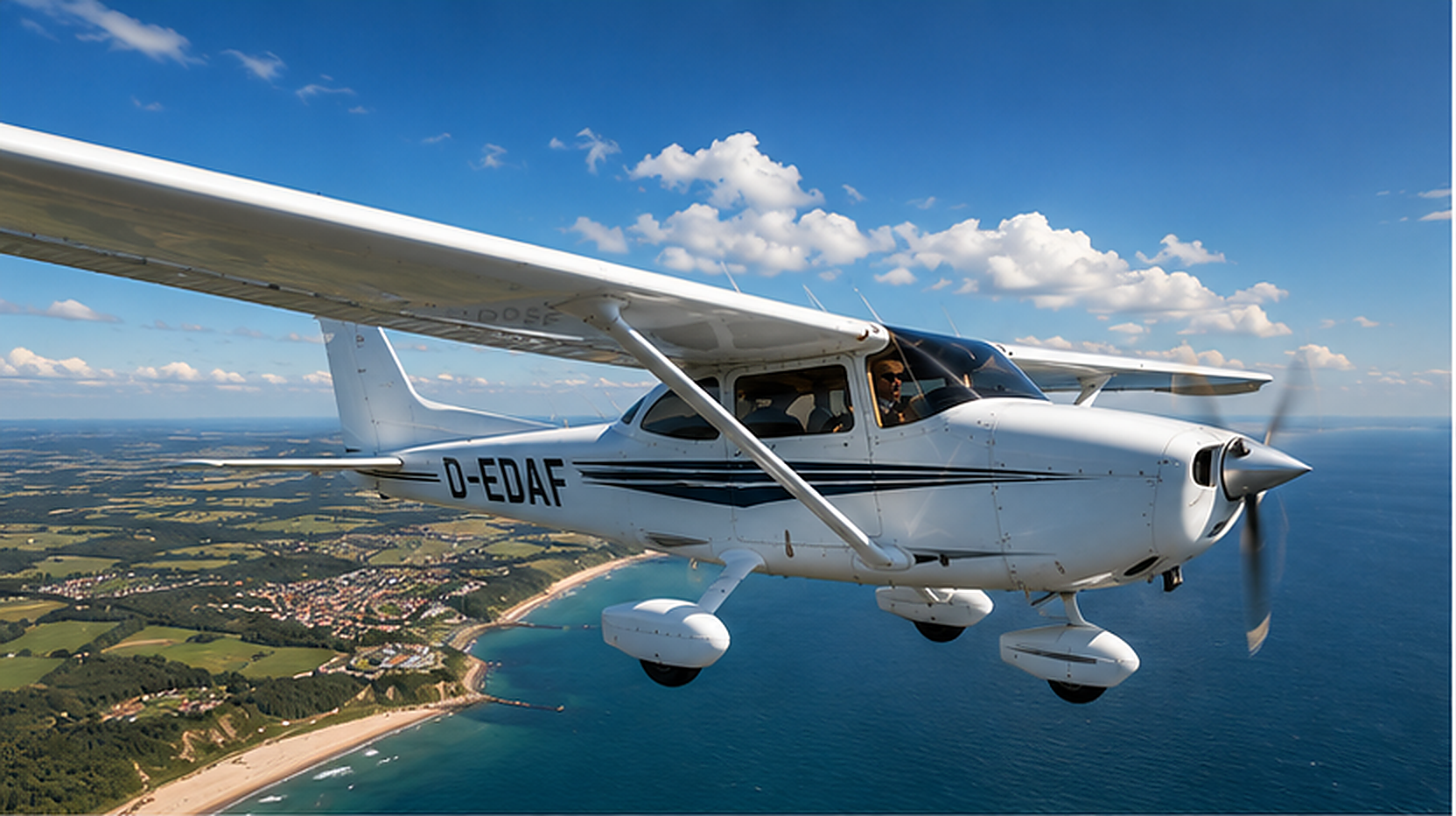 Cessna flying above the coast with an illustrated sightseeing route