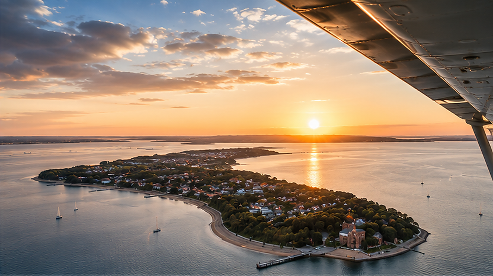 Island viewed from the air with an illustrated excursion route