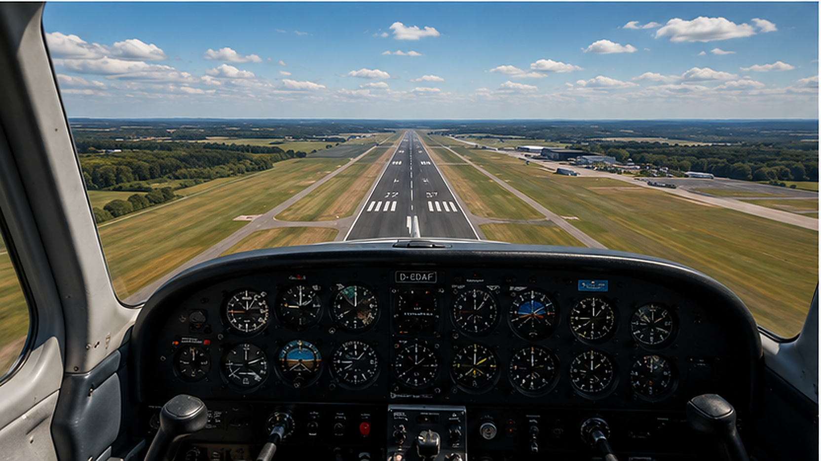 Cockpit view towards a runway with an illustrated flight route