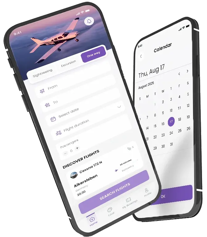 Aviatefinder-App mit Flugsuche und Kalenderauswahl