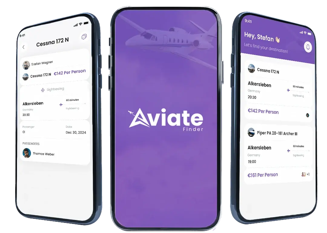 Three smartphones showing flight details, the home screen and flight search in the Aviatefinder app