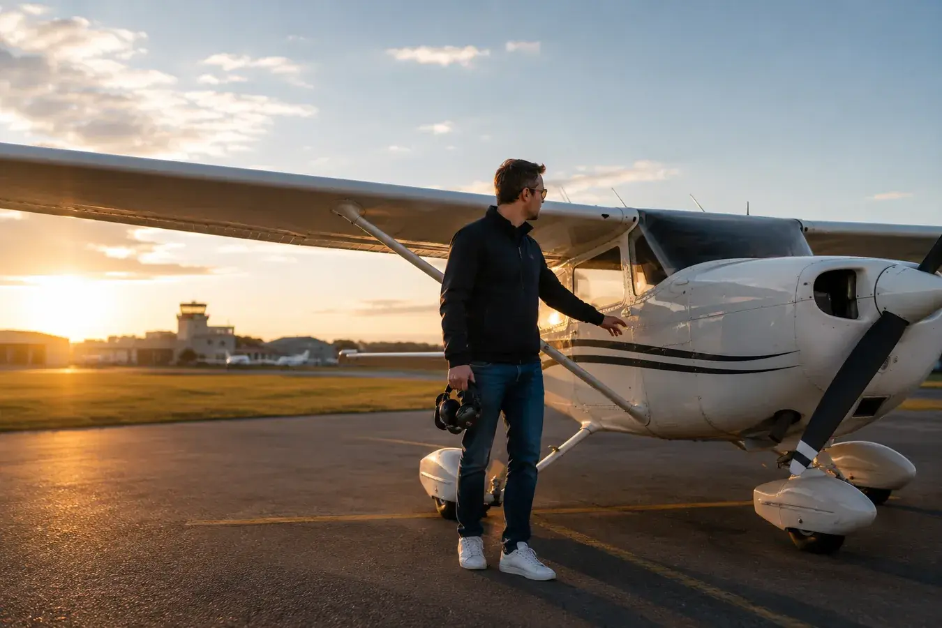 Pilot beside a Cessna at sunset